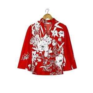 Red with White Florals Collar V-Neck Shirt